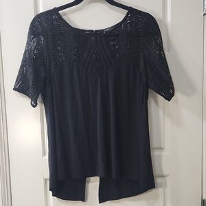 Tart Black Women's Top with Lace Shoulders and Open Button Up Back - Medium